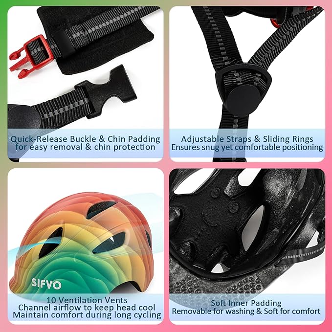 Kids Bike Helmet with LED Light, SIFVO Youth Toddler Boys Girls Helmets,2 Size Adjustable for Ages 3-5-10,Multi-Sport for Bicycle, Scooter, Skateboard,46-55cm