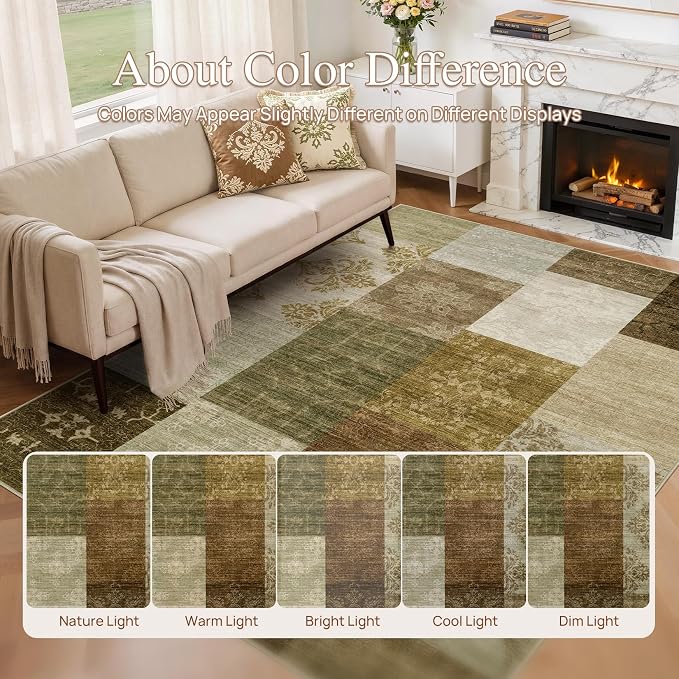 UERMEI 10x12 Area Rug for Living Room - Washable Neutral Modern Abstract Carpet, Non-Slip Soft Large Indoor Floor Rugs for Bedroom Home Office & Under Dining Table Decor, Brown/Green