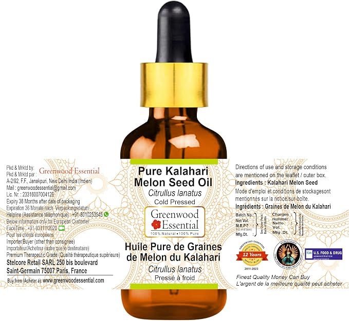 Greenwood Essential Kalahari Melon Seed Oil (Citrullus lanatus) with Glass Dropper | Cold Pressed | Natural | For Diluting Essential Oils | For Hair, Skin & Massage | Unisex | 10ml (0.33 oz)