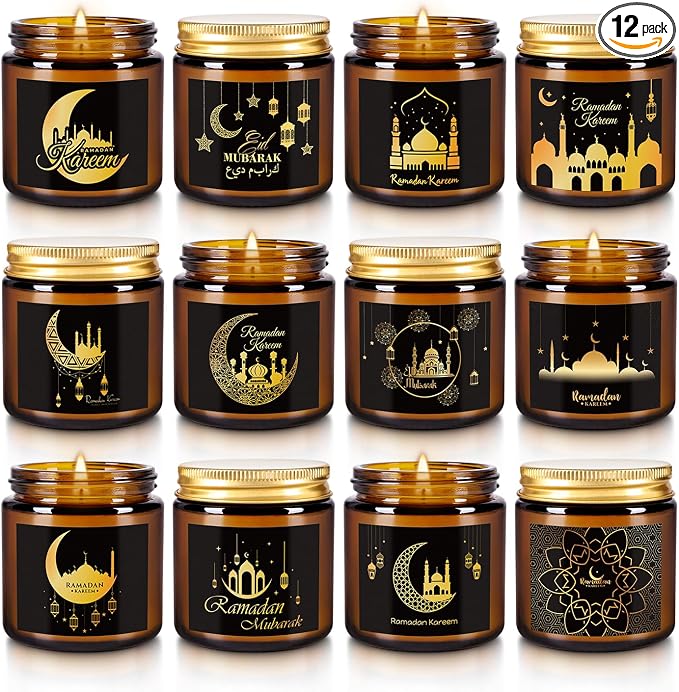 12 Pcs Ramadan Mubarak Scented Candle Set - Eid Candles for Home Decor, Aromatherapy Islamic Gifts for Women & Family, Mosque-Inspired Jar with Islamic Lanterns & Stars, Brown Soy Wax