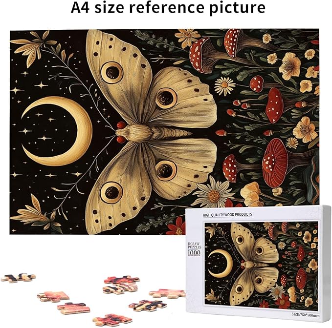 Cafemira 1000 Pieces Jigsaw Puzzles for Adults,Golden Winged Moth & Floral Mystery Wall Decor,Great for Relaxation and Display,Every Piece is Unique,Exercise Hands On Skills and Thinking