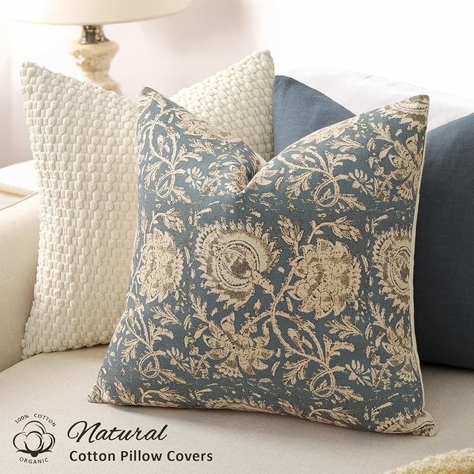 Vintage Floral Print Throw Pillow Covers 12x20 Set of 2 Neutral Modern Farmhouse Pillow Cases Accent Decorative Cushion Covers Boho Home Decor for Couch Sofa Chair Bed Living Room, Dusty Blue