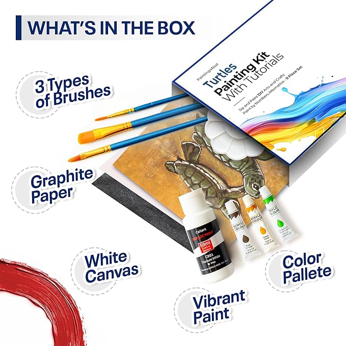 Painting4Real DIY Painting Class Kit for Adults with Video Tutorials: Learn to Paint Turtles – How to Paint with Acrylics – Painting & Art Supplies – 9 Piece Acrylic Paint Set