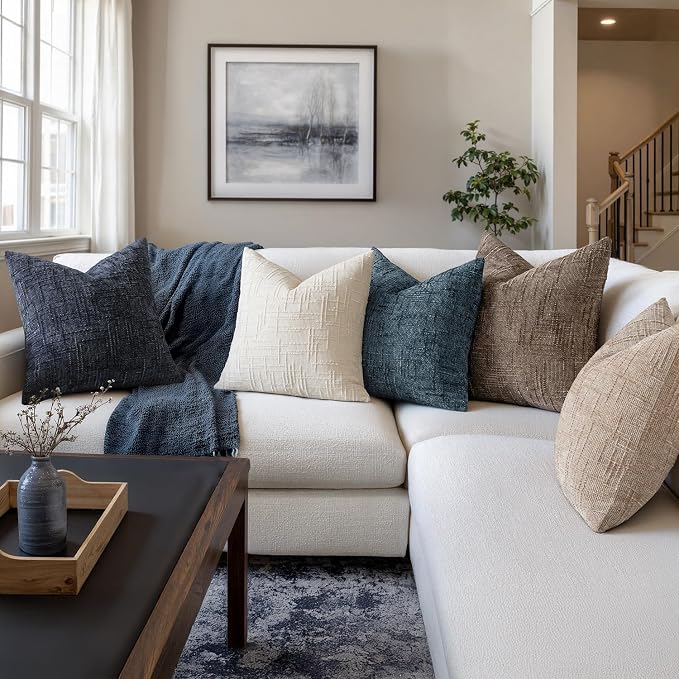MIULEE Chenille Textured Throw Pillow Covers Navy Blue 20x20 Set of 2 | Slubby Decorative Pillows, Boho Farmhouse Coastal Decor, Modern Neutral Cushion Covers for Couch Sofa Bed Living Room