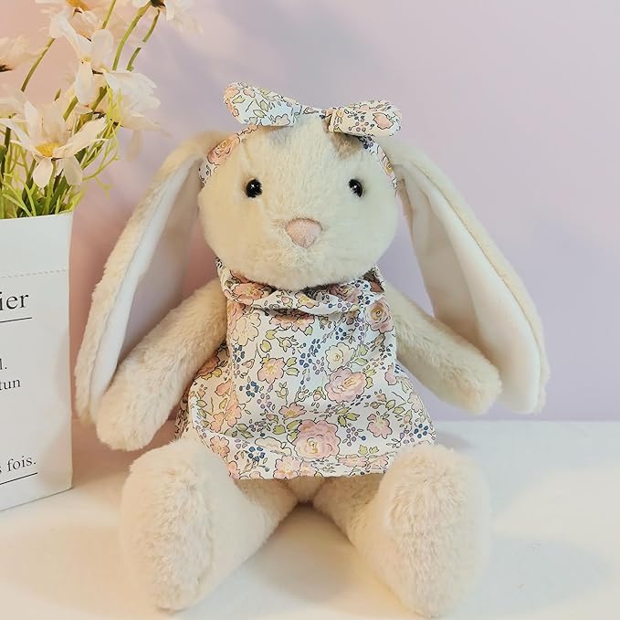 Easter Bunny Stuffed Animals with Clothes & Bow tie,Safe Material Soft Washable Stuffed Bunny,Cute Plush Toy Rabbit Easter Decoration Birthday Gift for Boys and Girls, White,9"
