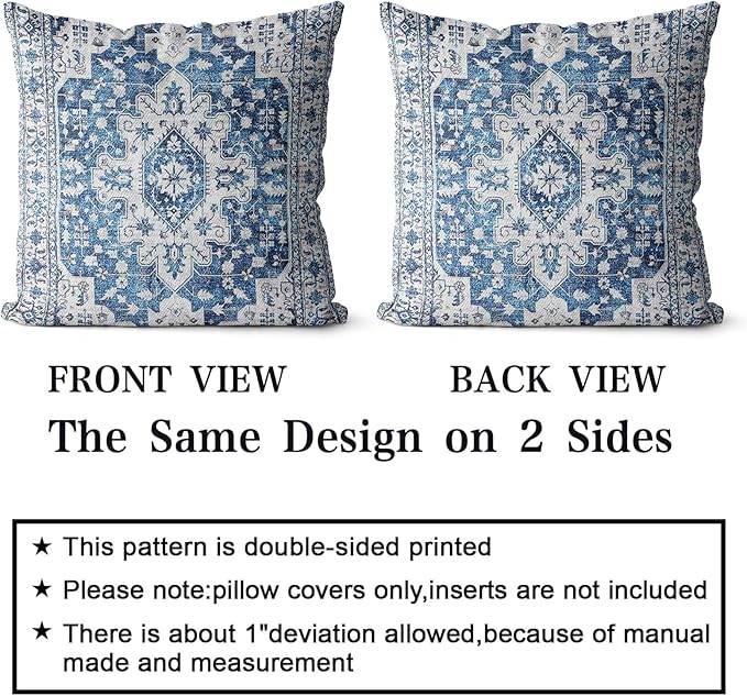 Snycler Boho Throw Pillow Covers 16x16 inch Set of 2 Blue Boho Rug Carpet Double Sided Pattern Cotton Soft Pillow Case Cushion Cover Pillowcase for Couch Sofa Bed Decorative