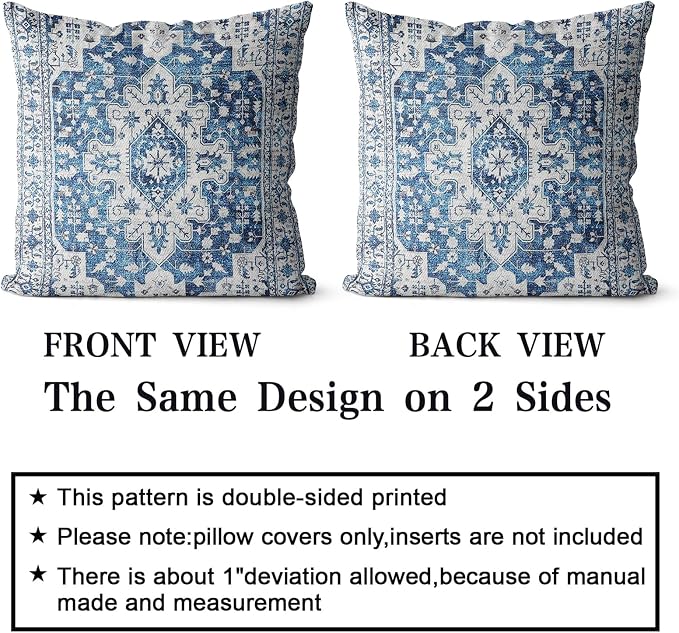 Snycler Boho Throw Pillow Covers 20x20 inch Set of 2 Blue Boho Rug Carpet Double Sided Pattern Cotton Soft Pillow Case Cushion Cover Pillowcase for Couch Sofa Bed Decorative