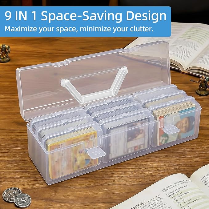 neotidy Trading Card Storage Box with 9 Individual Card Cases, Large Capacity Card Game Organizer for Top Loaders, MTG, Board Game & Playing Cards, Clear Plastic Card Storage Case with Insert Boxes