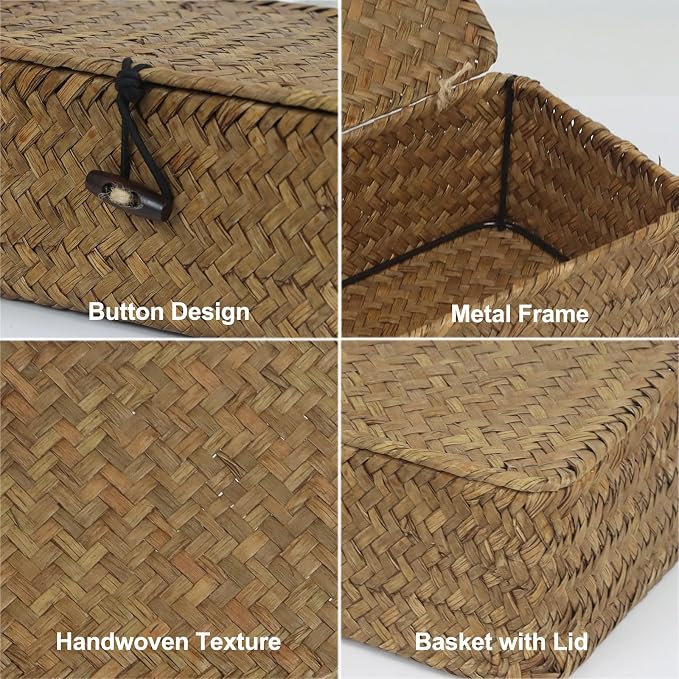 Seagrass Wicker Storage Basket with Lid, Small, Black | 9.05 x 5.11 x 3.34 Inch Box, Shelf Organizer, Rectangular Woven Bin, Small Item Storage, Decorative Color