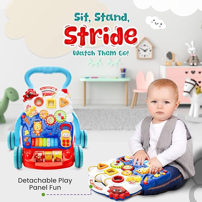 YOLAY 3-in-1 Baby Walker for 6–12 Months, Foldable Sit-to-Stand Learning Walker with Wheels, Detachable Activity Panel, Stable Handle, Includes Duracell AA Batteries, Boys & Girls (Blue)