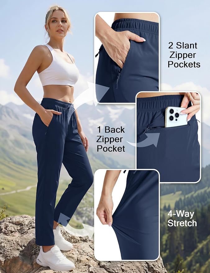 MAGCOMSEN Women's Hiking Pants Lightweight Quick Dry UPF 50 Water Resistant Elastic Waist Golf Travel Pants Zip Pockets