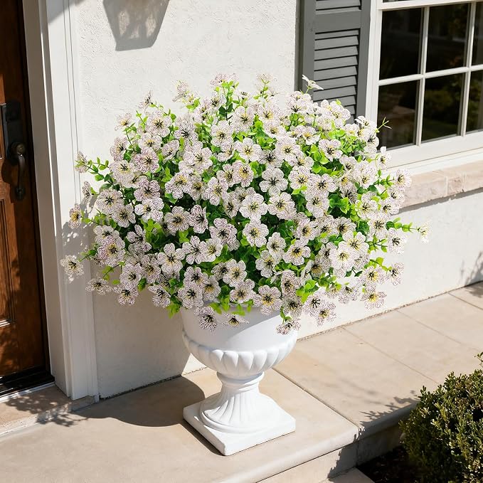 Ouddy Decor 12 Pcs Artificial Flowers for Outdoors Decorations, White | Lifelike silk flowers, UV resistant, faux plastic plants, for garden porch window table vase home indoor outdoor decor