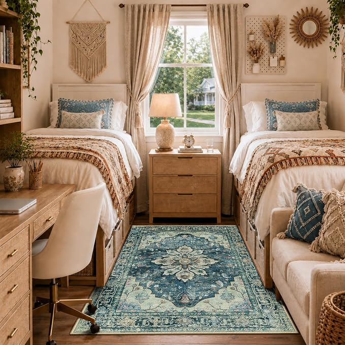 RELEANY Area Rugs 3'x5' Washable Non-Slip, Floral Vintage Distress Medallion Carpet for Living Room Bedroom Dining Room, Dark Blue Vintage