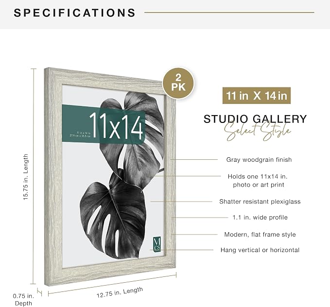 MCS Studio Gallery 11x14 Picture Frame Gray Woodgrain Engineered Wood, Rectangle Photo Frame for Photos, Posters & Art Prints (2-Pack)