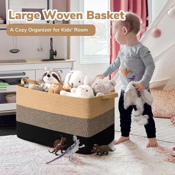Goodpick 85L Large Woven Blanket Basket, Rectangle, Black Jute | 23.6'' x 15.7'' x 13.8'' Wicker Storage Basket for Blankets, Pillows & Toys, Living Room, Bedroom & Nursery Organization