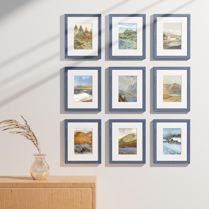 Vittanly 8x10 Picture Frames Set of 9 for Wall or Tabletop Display, Navy | Display Pictures 5x7 with Mat or 8x10 without Mat, Small Photo Frames, Engineered Wood with Shatter Resistant Plexiglass