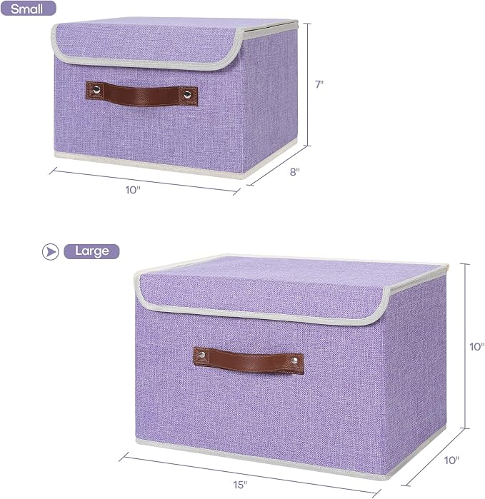 ANMINY Fabric Storage Box Bins with Lids, Purple, 15"x10"x10", 2 Pack | Keepsake Memory Storage, Cotton Linen, PP Board Reinforced, Washable, PU Handles, Foldable & Stackable, Decorative, Large