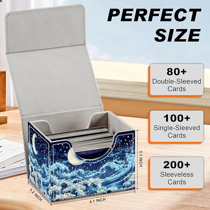 Card Game Storage Box TCG Deck Box MTG Card Box Organizer Trading Card Case Commander Deck Box TCG Card Storage Box Magnetic Closure Creative Pattern Up to 200 Cards, Blue Sky,Sea,Moon