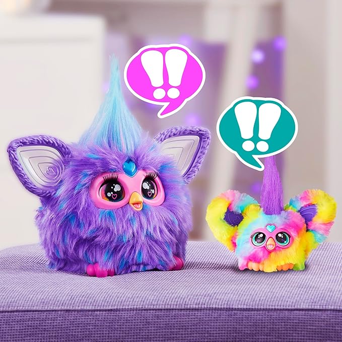 Furby Furblets 2-Pack, Mini Friends Ray-Vee & Hip-Bop, 45+ Sounds Each, Music & Furbish Phrases, Electronic Plush Toys, Rainbow & Pink/Purple, Ages 6+ (Amazon Exclusive)