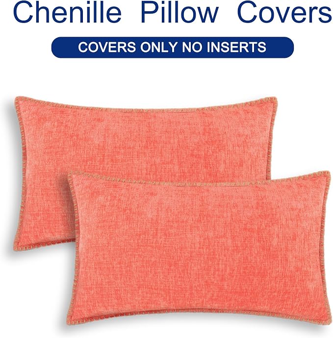 CaliTime Decorative Couch Throw Pillow Covers 20 X 12 Inches Living Coral | Pack of 2, Cozy Chenille Cushion Cases, Cotton Thread Stitching Edges, for Sofa Bed Living Room Farmhouse