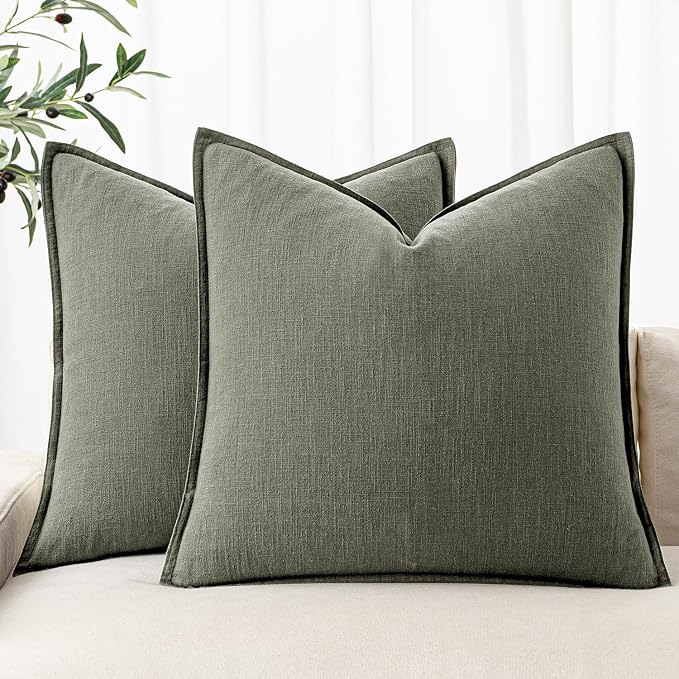 MIULEE Decorative Linen Euro Sham Pillow Covers 24x24 Inch Olive Green | Boho Farmhouse Neutral Couch Throw Pillows for Bed, Pack of 2 Accent Modern Pillowcases, Sofa Livingroom Home Decor
