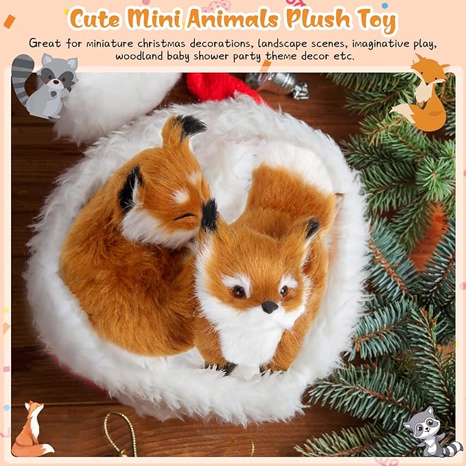 4 Pcs Simulation Fur Toy Christmas Decor Mini Fox Animal Model Stuffed Cute Furs Plush Raccoon Fox Squatting Sleeping Animals World with Static Action Figures for Home Office Desktop Decoration