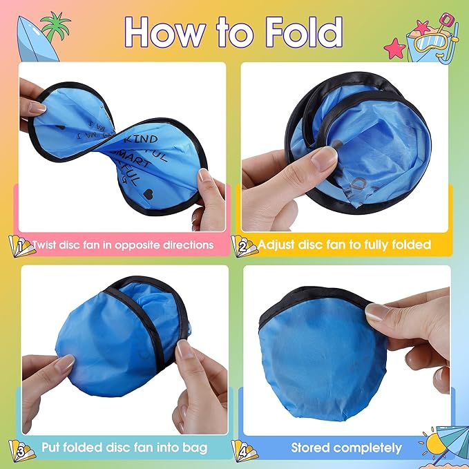 End of the Year Gifts for Students Bulk Foldable Flying Disc Fans Set with Stickers Bags, End of Year Student Gifts from Teacher Beach Fun Folding Pocket Hand Fans for Outdoor Activities Games