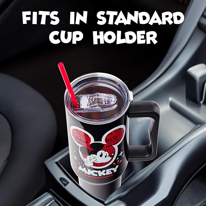 Silver Buffalo Disney Classic Mickey Mouse Hashtag Current Mood “#currentmood” Double Walled Stainless Steel Tumbler with Handle and Straw, Fits in Standard Cup Holder, 40 Ounces