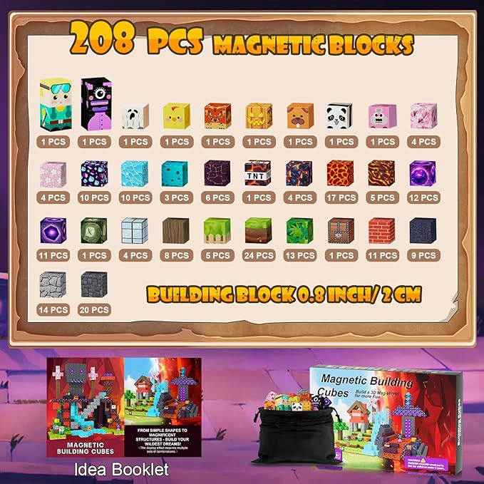 JOMBY 208 PCS Magnetic Blocks - Forest & Volcano Adventure Set, Magnetic Building Blocks Cubes, STEM Sensory Educational Magnet Stacking Toys Boys and Girls Age 3+ Years Old
