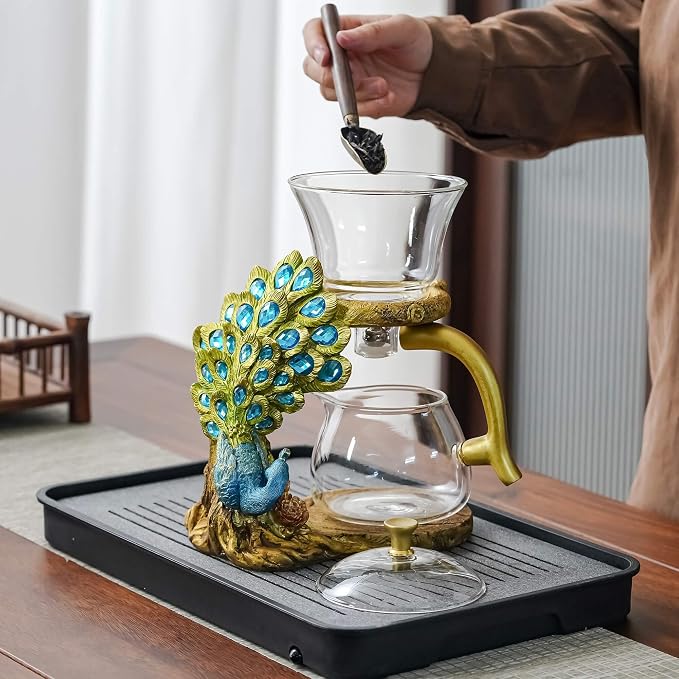 Zurucily Glass Teapot Set with Infuser Semi Automatic Tea Set Magic Teapot (Peacock)