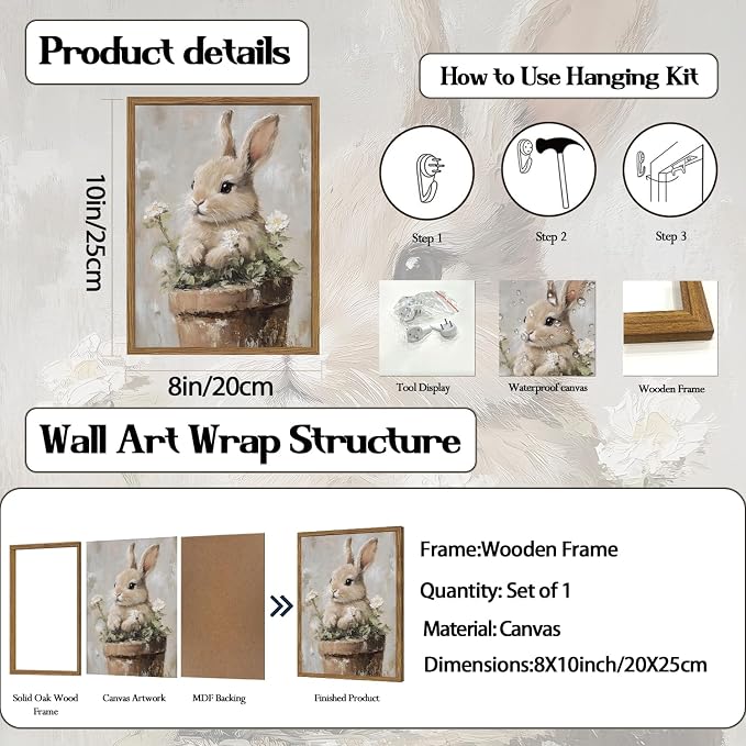 Framed Vintage Easter Bunny Wall Art, Cute Cottagecore Rabbit Floral Pictures Wall Decor, Spring Farmhouse Animal Paintings Prints Rustic Home Decor for Living Room Bedroom Nursery 8x10 inch
