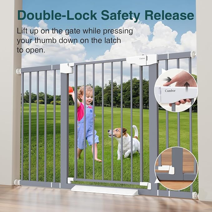 Cumbor 29.7-54.2" Wide Baby Gate for Stairs, Auto-Close Dog Gate Indoor for Doorways, No Drilling Pressure Mounted Pet Gates for Kids, Easy Walk Through Safety Gate, Gray