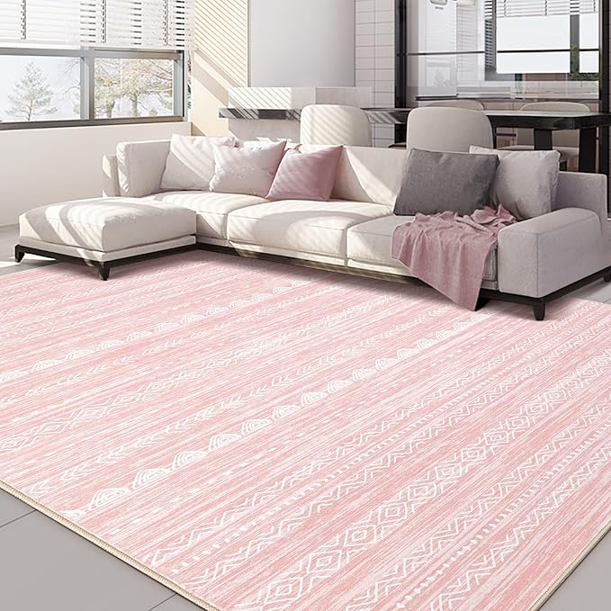 Nakagishi Boho 7x9 Area Rug Living Room Rugs Machine Washable Pink | Soft, Pet & Kid Friendly, Carpet for Living Room/Bedroom/Office/Kitchen/Nursery, Daily Home Decor Stain Resistant Moroccan