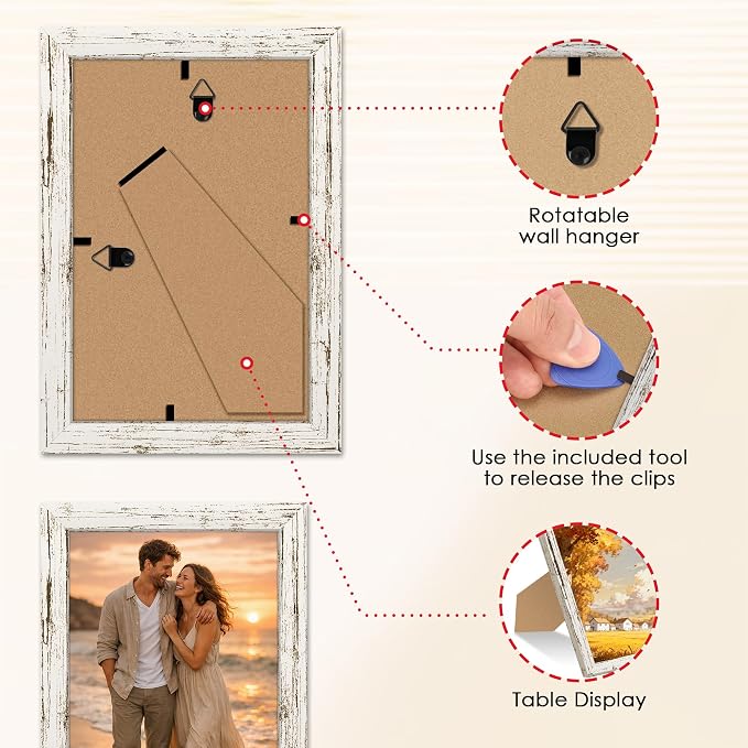 FIXSMITH 4x6 Picture Frame Set of 2, 4x6 Photo Frames with HD Plexiglass for Wall Hanging or Tabletop Display, Distressed White