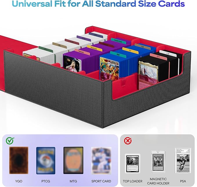 UAONO Trading Card Storage Box, Holds 2400 Sleeved Cards with 24 Dividers & 4 Stoppers, Magnetic Closure PU Leather Card Case for MTG, PTCG, YGO, Sports Cards (Black&Red)