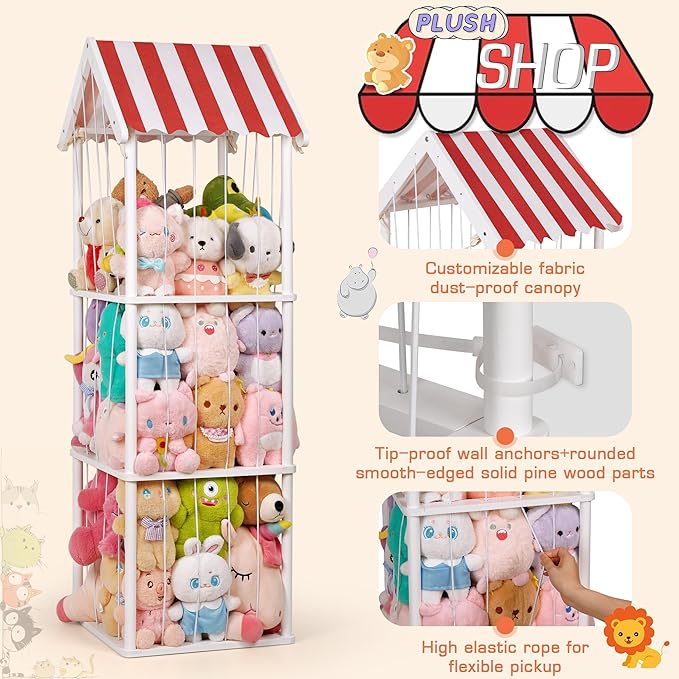 Stuffed Animal Storage, Space Saving Vertical Stuffed Animal Holder Wood, Easy Assembly Cottage-Style Plush Toys Organizer for Kids Bedroom & Playroom (White)