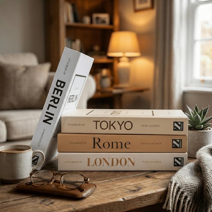 4 Pcs Decorative Books | Faux Mocha Coffee Table & Shelf Decor | Warm Modern Look for Living Room, Office and Entryway - Not Real, Tool-Free 2-Min Setup