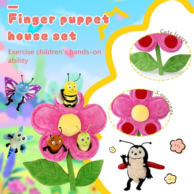 6pcs Insect Finger Puppets Bringing a Flowers House，Novelty Animals Toys Puppet for Kids, Storytelling Role-Playing Plush Finger Puppets Gifts for Boys and Girls