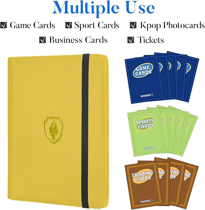 Premium 9 Pocket Card Binder for 360 Cards, Fabmaker PU Cover Trading Card Binder, Sturdy Card Collection Album, Sleek Card Holder Folders for Game Cards & Sports Cards, Yellow