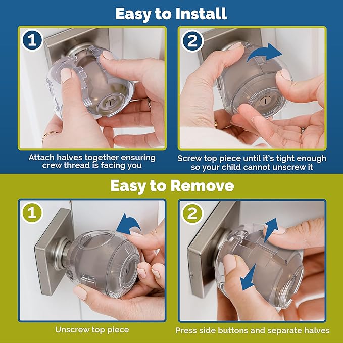 Child Safety Door Knob Cover (4 Pack) Hard-to-Remove Dual-Lock Door Handle Covers for Kids – Reusable Baby Proof Door Knob Locks – Installs Easily, No Tools Needed (Semi-Clear)