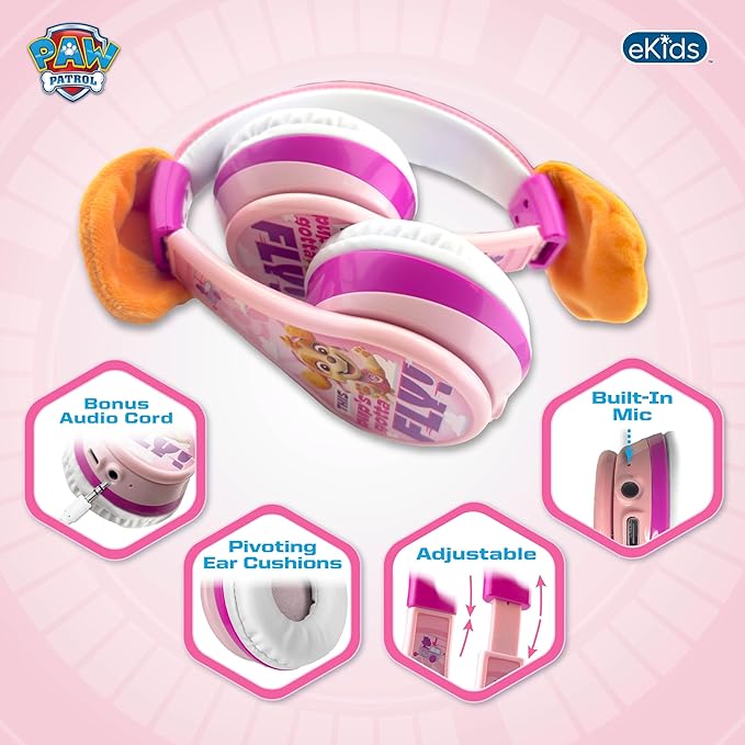 eKids Paw Patrol Skye Liberty Bluetooth Headphones for Kids, Wireless Headphones with Microphone Includes Aux Cord, Earphones for School, Home, or Travel (Paw Patrol Skye Liberty)