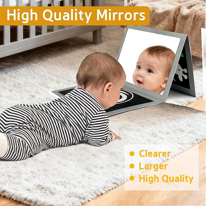 KUANGO Black and White High Contrast Tummy Time Mirror Toys Newborn Toys 0 6 Months Brain Development Infant Stimulating Sensory Baby Book 0-3 3-6 2 4 5 Months Old Baby Boy Girl Gifts