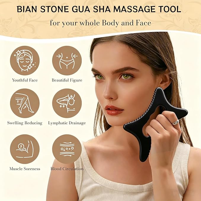 Body Gua Sha Tool Large Natural Bian Stone Handle Guasha Scraping, Muscle Scraper Tool for Soft Tissue, Manual Anti-Cellulite Sculpting Board for Muscle Release, Body Contouring (7.3 inch)