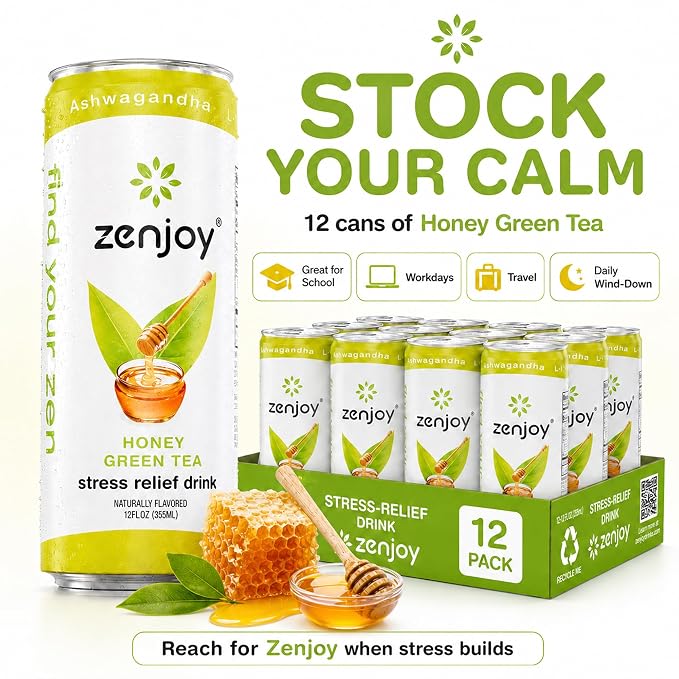 Zenjoy Adaptogen Drink Stress Relief Tea | Non Alcoholic Calming Drink w/Ashwagandha, Lemon Balm & L-Theanine for Focus | Stress Tea Calming Social Mocktail with Adaptogens (12 Pack, Variety)