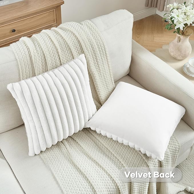 FUTEI Pack of 2 Faux Fur Throw Pillow Covers 28x28 Inch, White | Fluffy Faux Rabbit Fur Front/Premium Velvet Back,Hidden Zipper,Machine Washable,Non-Shedding,Colorfast,Insert Not Included.