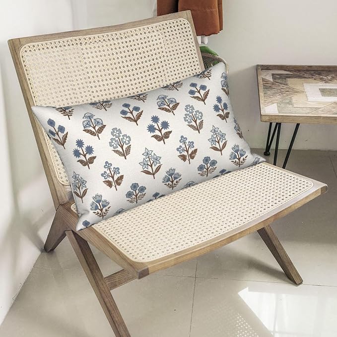 Brown Blue Pillow Covers 12x20 Inch Set of 2 Boho Block Print Floral Throw Pillows Vintage Flower Decorative Pillow Cases Outdoor Linen Farmhouse Cushion Cover for Couch Sofa Bed Decor