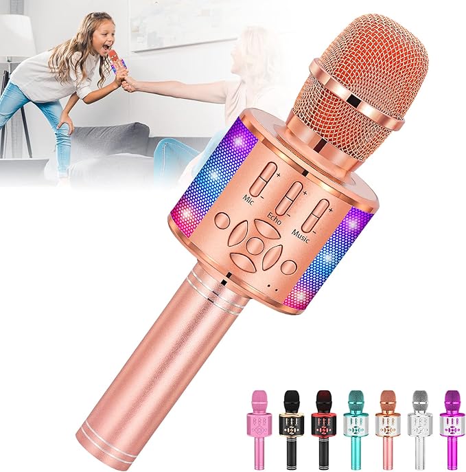 Amazmic Kids Karaoke Microphone Machine Toy Bluetooth Microphone Portable Wireless Karaoke Machine Handheld with LED Lights, Gift for Children Adults Birthday Party, Home KTV(Champagne)