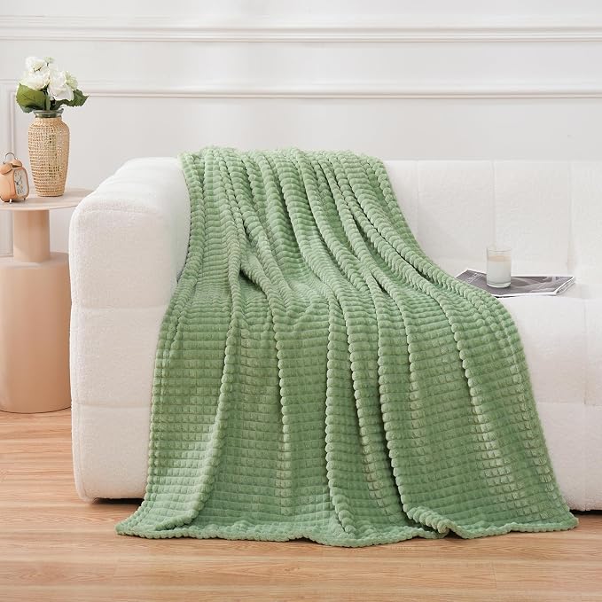 Puncuntex Fleece Throw Blanket Sage Green 60"×80" with Square Grid Design | Super Soft Plush Cozy Flannel Throw Blanket Luxury for Couch Sofa Chair