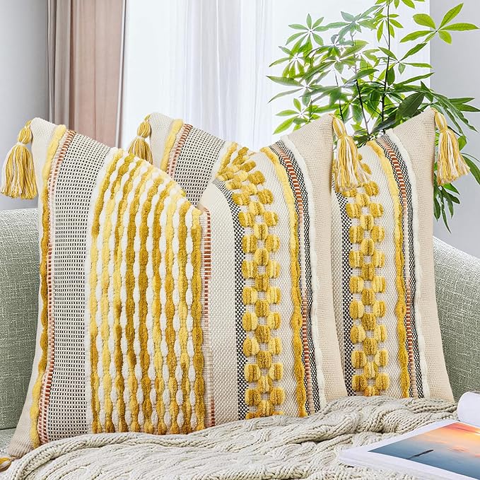 Set of 2 Chenille Striped Textured Boho Throw Pillow Covers Aesthetic with Tassels Woven Decorative Pillow Case for Couch Bed Sofa Bedroom Modern Funky 18 x 18-Inch Yellow