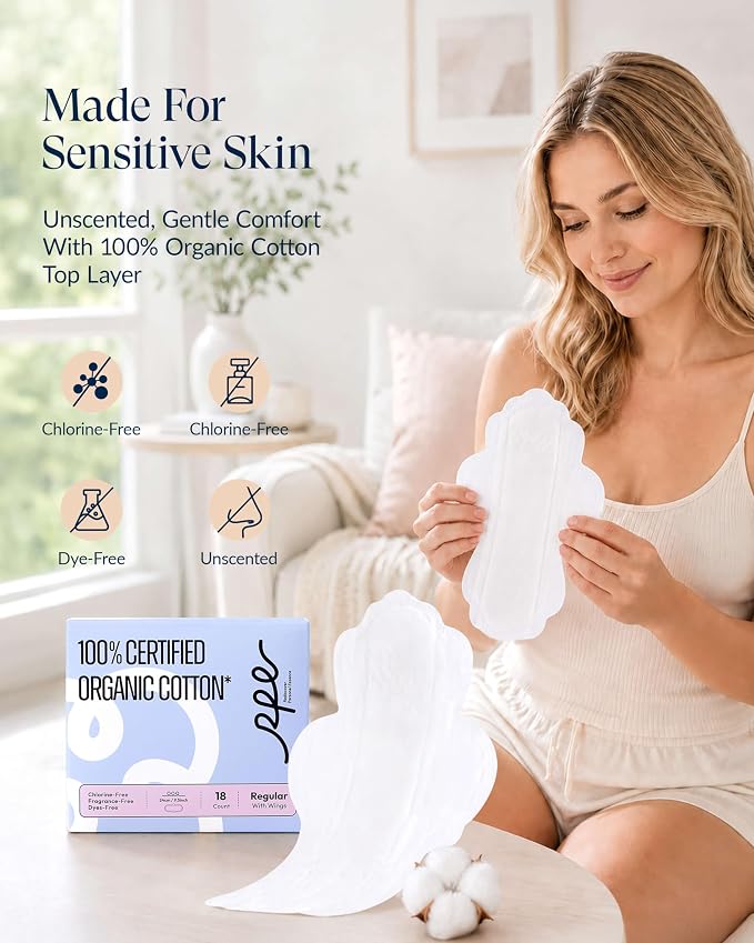RPE Life 100% GOTS Organic Cotton Menstrual Pads with Wings, 54 Count | Bulk pack menstrual pads with wings; breathable, ultra thin comfort and reliable leak protection for sensitive skin.
